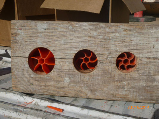 Bottom view of wooden board with a single size Hartman Hole Dome hole plug installed into 3 different size holes, showing how the fins flex to automatically adjust to the correct hole size